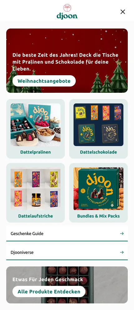 djoon: mobiles Menü mit Kategorien als Bildkacheln und Aktionsbanner