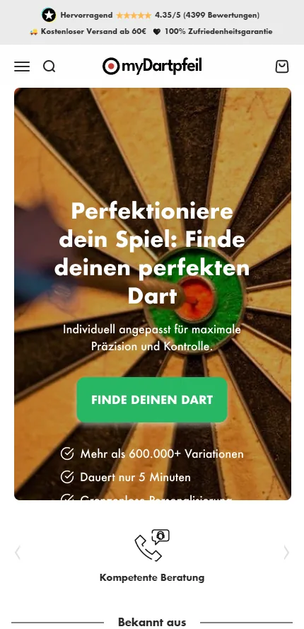 myDartpfeil: Landingpage zum Dart-Finder, mobil