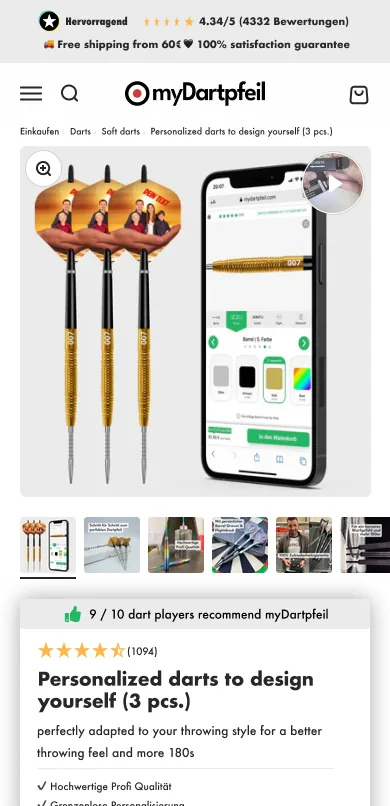 myDartpfeil: Produktseite der personalisierten Darts, mobil