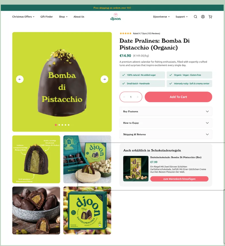 djoon Produktseite Desktop nachher, Baustein Auch erhältlich in Schokoladenriegeln