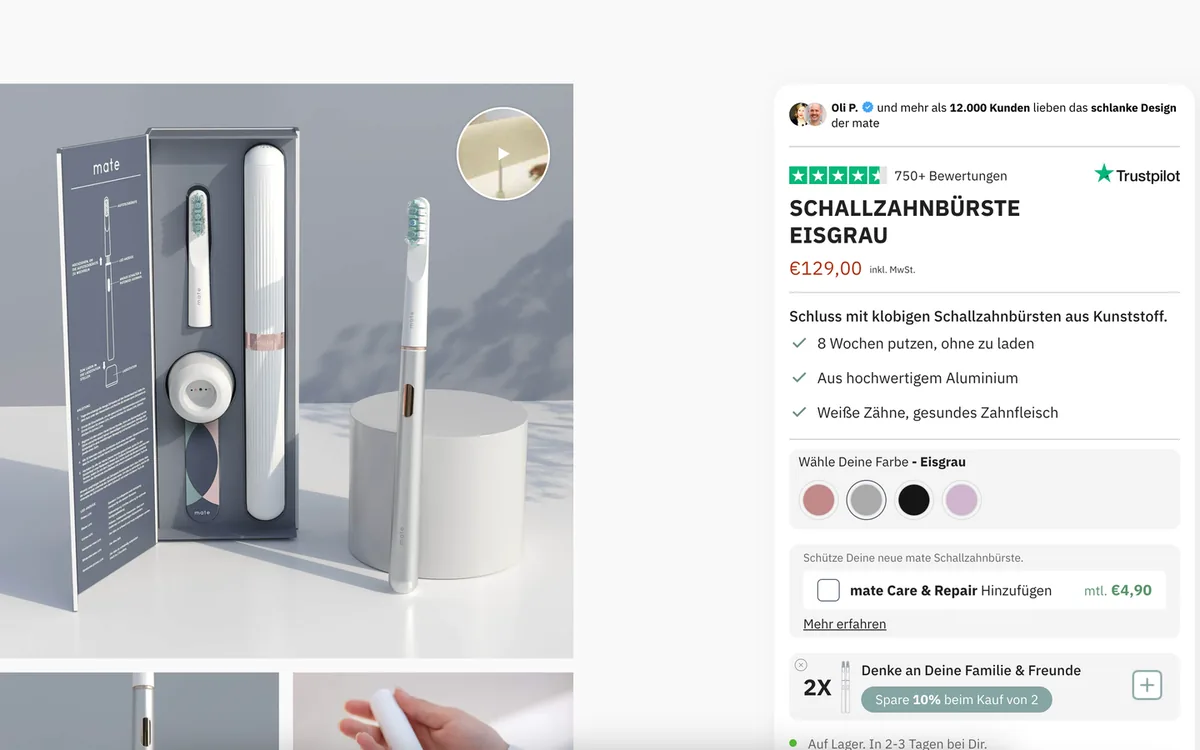 mate Produktseite Schallzahnbürste Eisgrau am Desktop nachher (Bildschirmfoto vom 10.10.2023): mate Care & Repair im eigenen Kasten mit Link „Mehr erfahren“, darunter das Angebot für Familie und Freunde mit 10 Prozent Rabatt beim Kauf von zwei Zahnbürsten