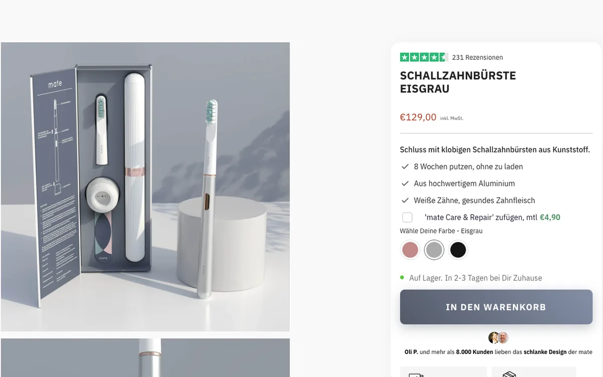 mate Produktseite Schallzahnbürste Eisgrau am Desktop vorher (Bildschirmfoto vom 01.08.2023): Preis, Vorteile, mate Care & Repair als Kästchen in der Liste, Farbwahl und Warenkorb
