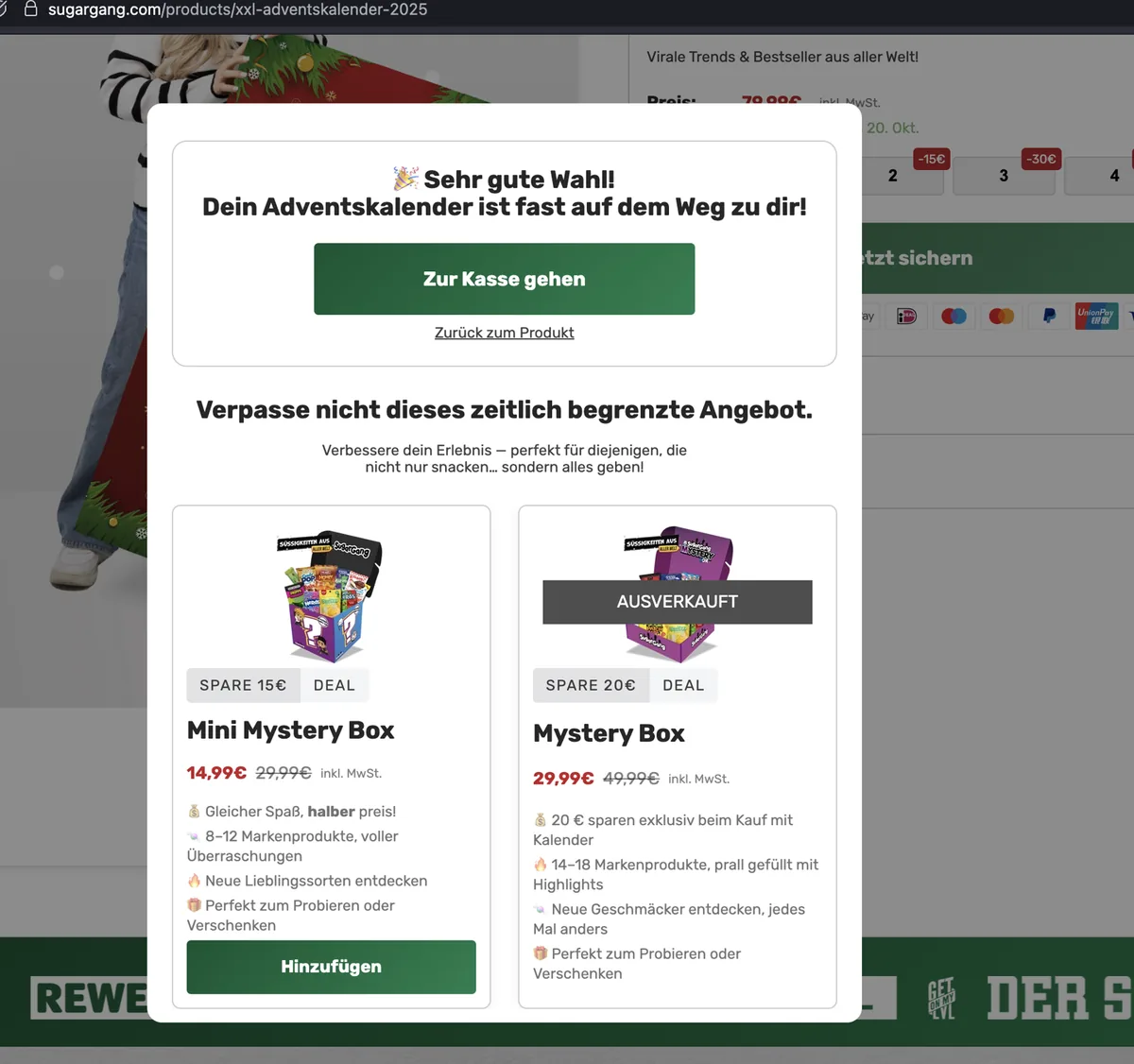 Sugargang Empfehlungs-Popup nach dem Warenkorb-Klick mit Mystery Boxen