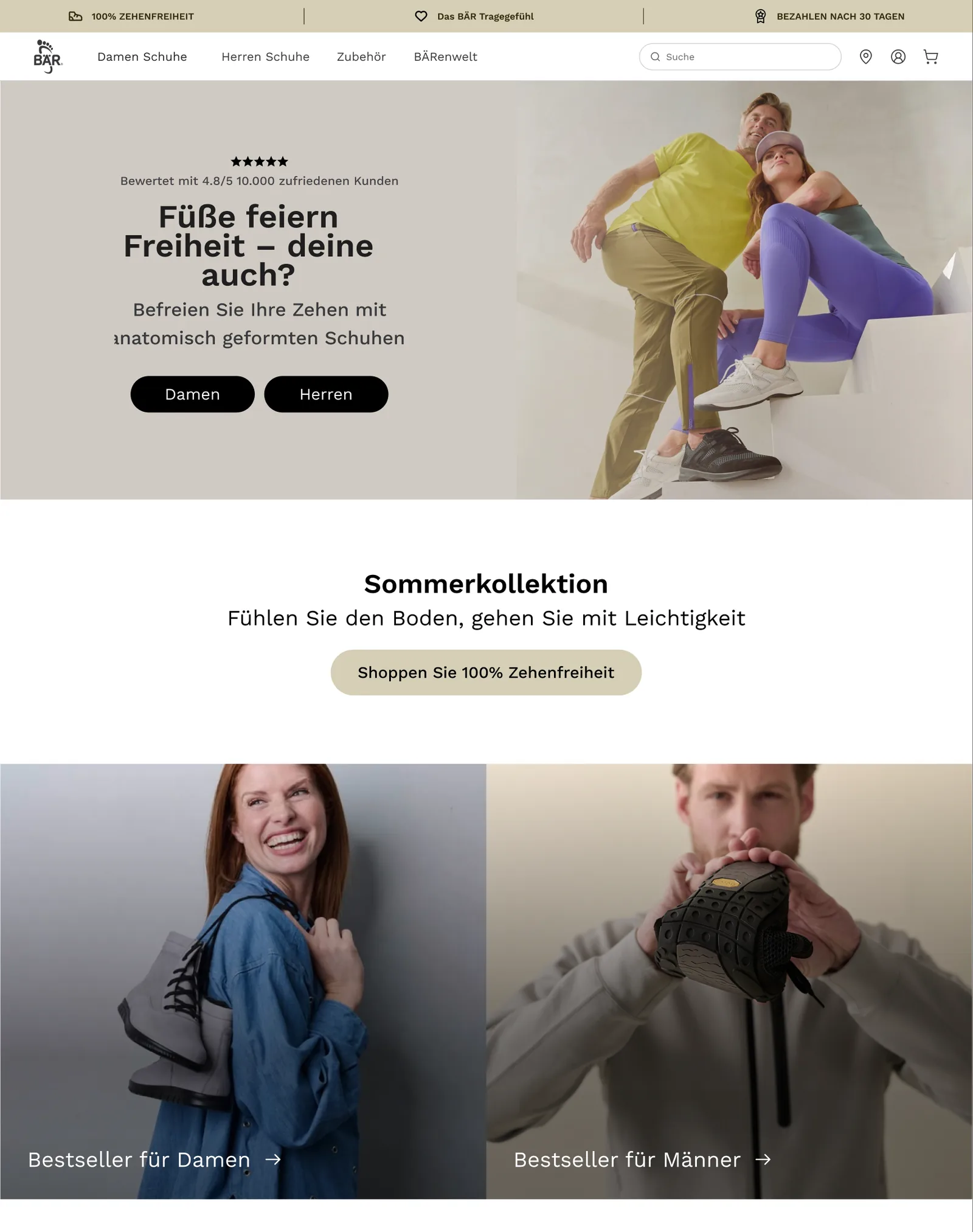 Design of the BÄR Schuhe home page in desktop view: hero image with rating and the buttons Women and Men, below it the summer collection and bestsellers for women and men