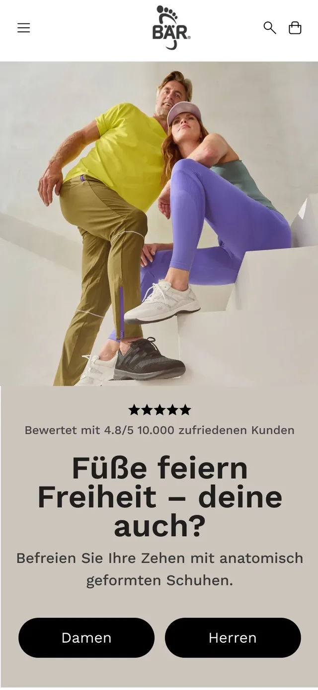 Design of the BÄR Schuhe home page in mobile view: hero image with rating, headline and the buttons Women and Men