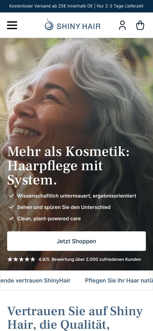 Design of the Shiny Hair home page in mobile view: hero image with headline, three benefits, the button “Jetzt Shoppen” (shop now) and rating