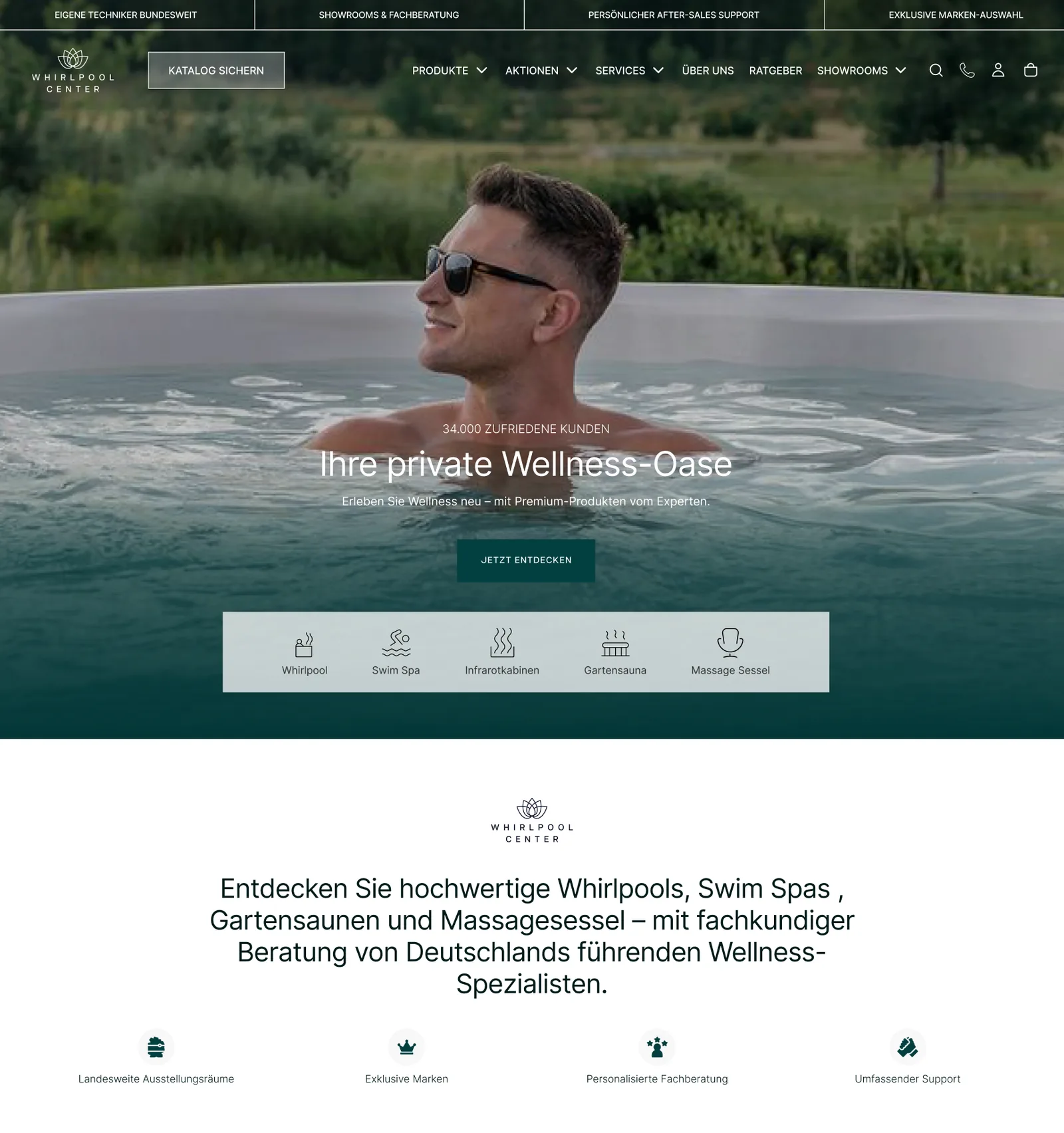 Design of the Whirlpool Center home page in desktop view: hero image “Ihre private Wellness-Oase” (your private wellness oasis) with a bar of product categories, below it an introduction with four benefits