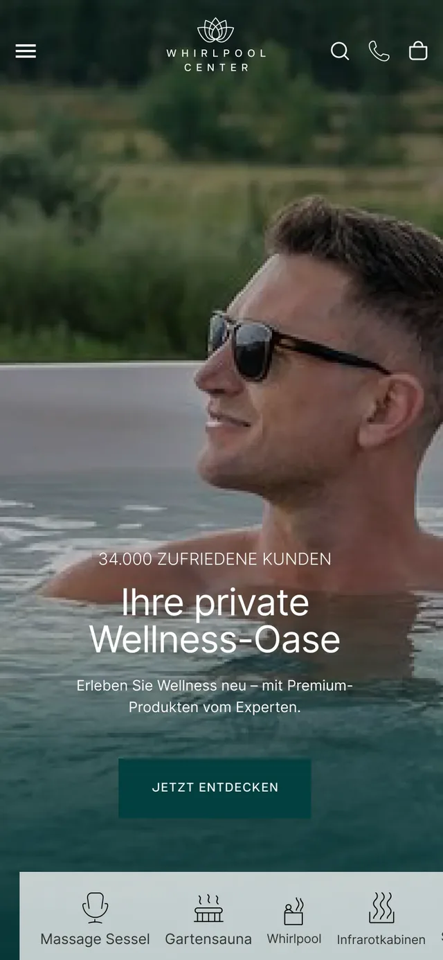 Design of the Whirlpool Center home page in mobile view: hero image “Ihre private Wellness-Oase” (your private wellness oasis) with a button and a bar of product categories