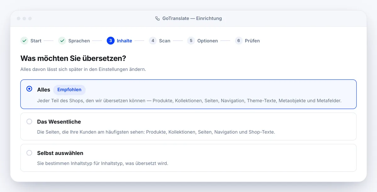 Einrichtungsassistent von GoTranslate im Schritt Inhalte: Auswahl zwischen Alles, Das Wesentliche und Selbst auswählen