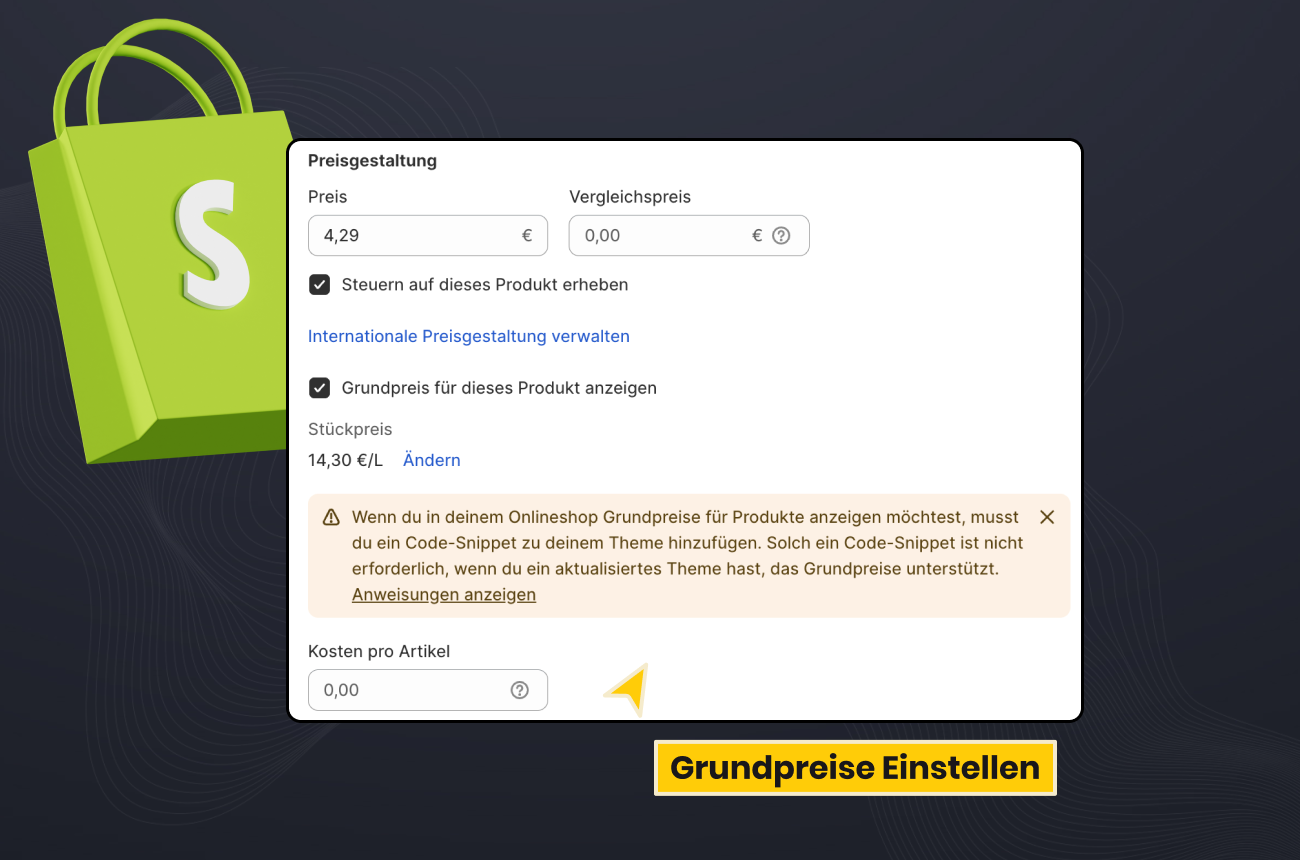 Shopify Dashboard anzeige zum Grundpreis